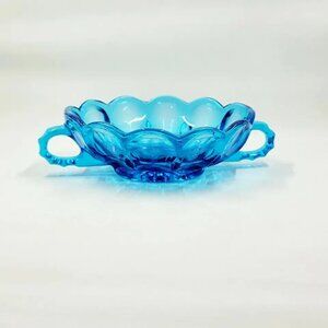 Vintage Anchor Hocking Glass Fairfield Laser Blue Two Handled Nappy Candy Dish